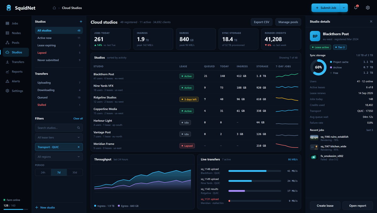 SquidNet Portal Cloud Studios design mockup. Multi-tenant control: leases, sync storage, render credits and live ingress and egress for every studio.