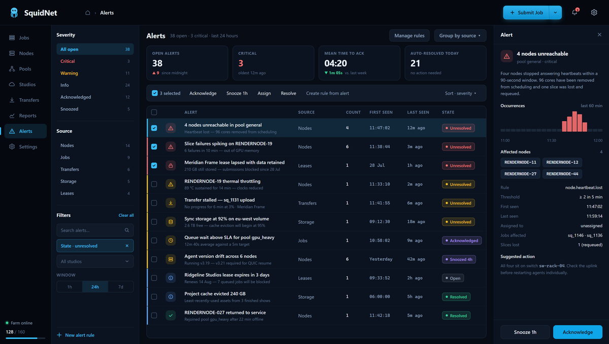 SquidNet Portal Alerts design mockup. Unreachable nodes, thermal throttling, stalled transfers and lapsed leases — with rules and suggested actions.